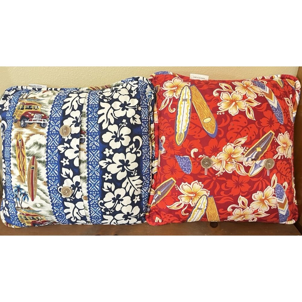2 Pillows Dean Miller Retro SURFING Woodies Surfboards Hawaiian Style Accent Red
